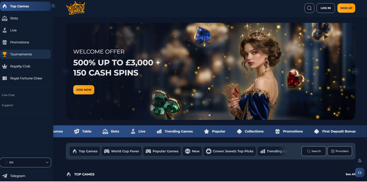 CrownJewelz casino homepage screenshot