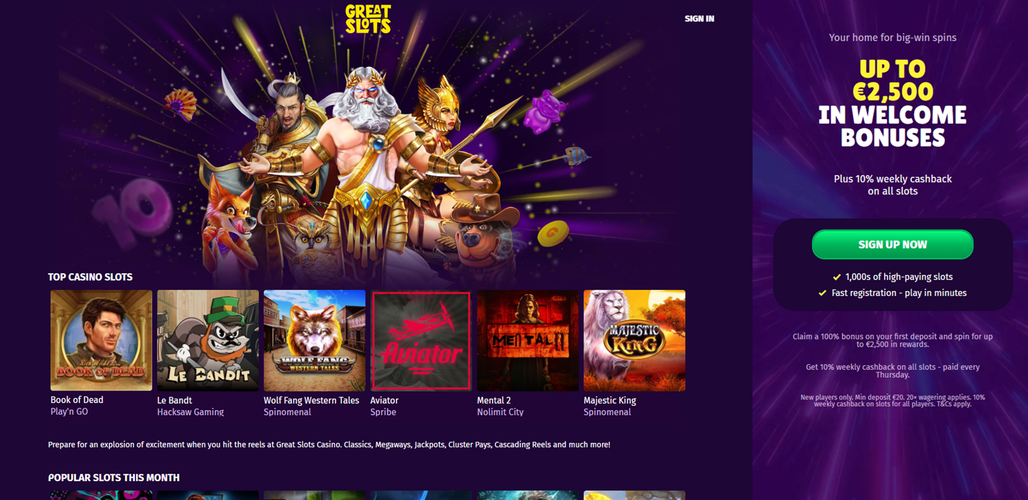 Greatslots casino homepage screenshot