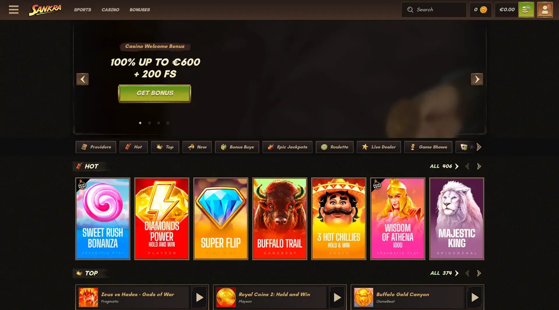 IOS Sankra casino homepage screenshot