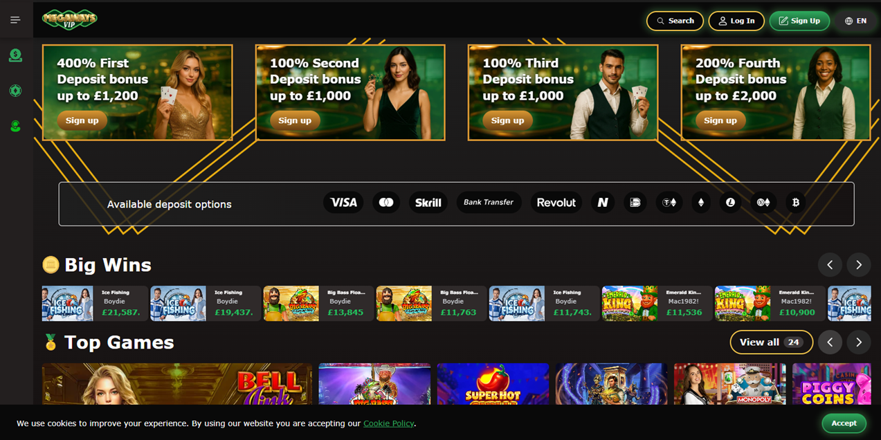 Megaways casino homepage screenshot