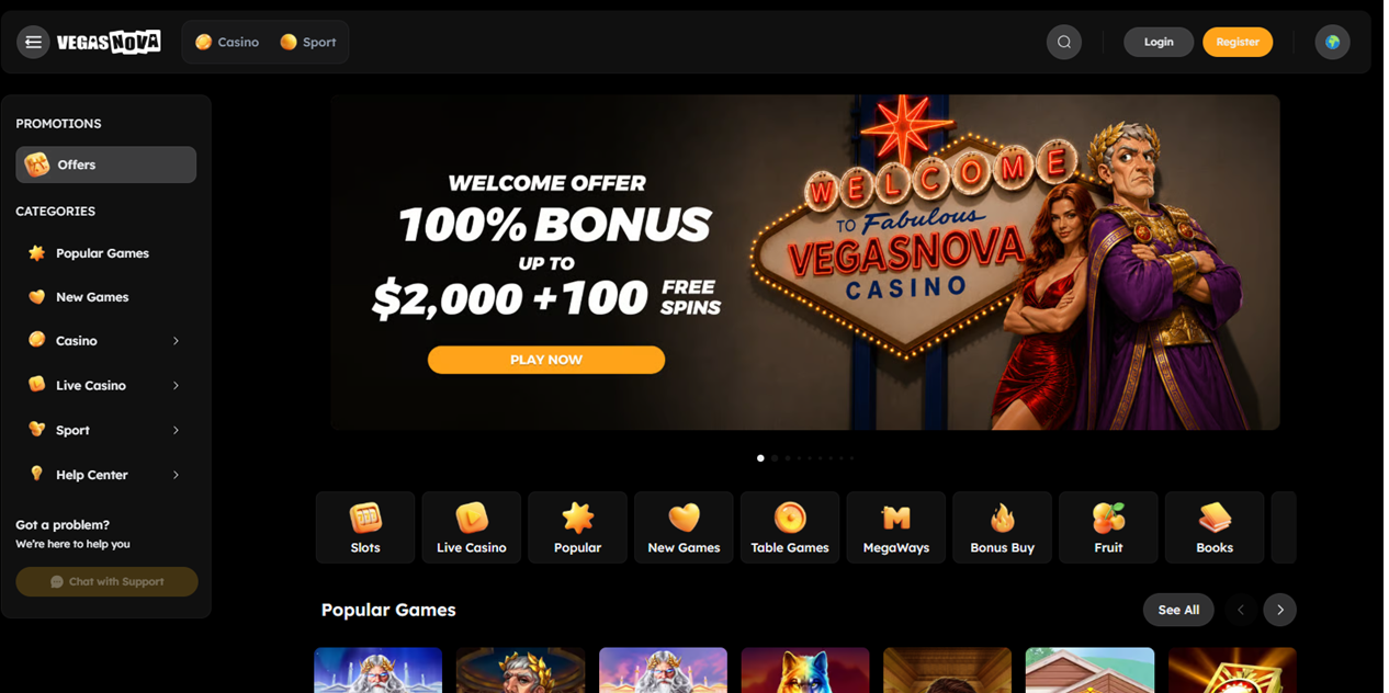 VegasNova casino homepage screenshot